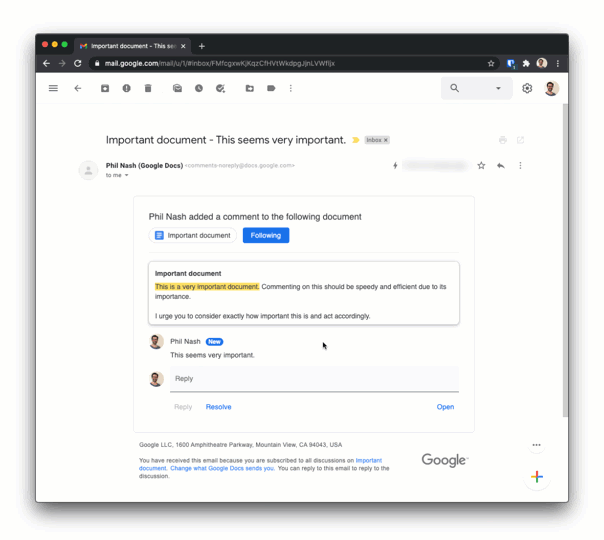 An animation, viewing a Google Docs comment email in Gmail. In the animation I reply to a comment then mark the thread as resolved all within the email.