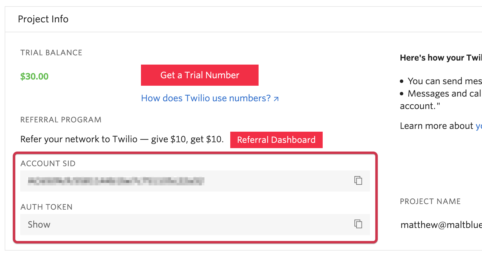 Twilio account console