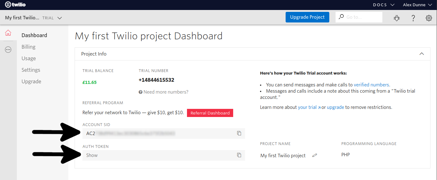 Twilio dashboard