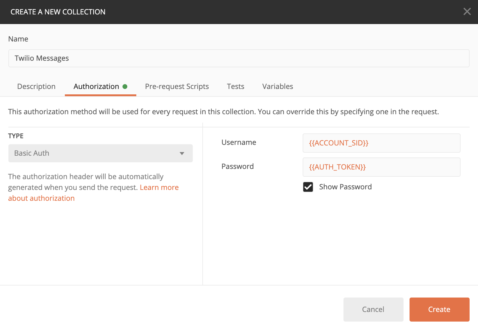 postman create a new collection authorization tab