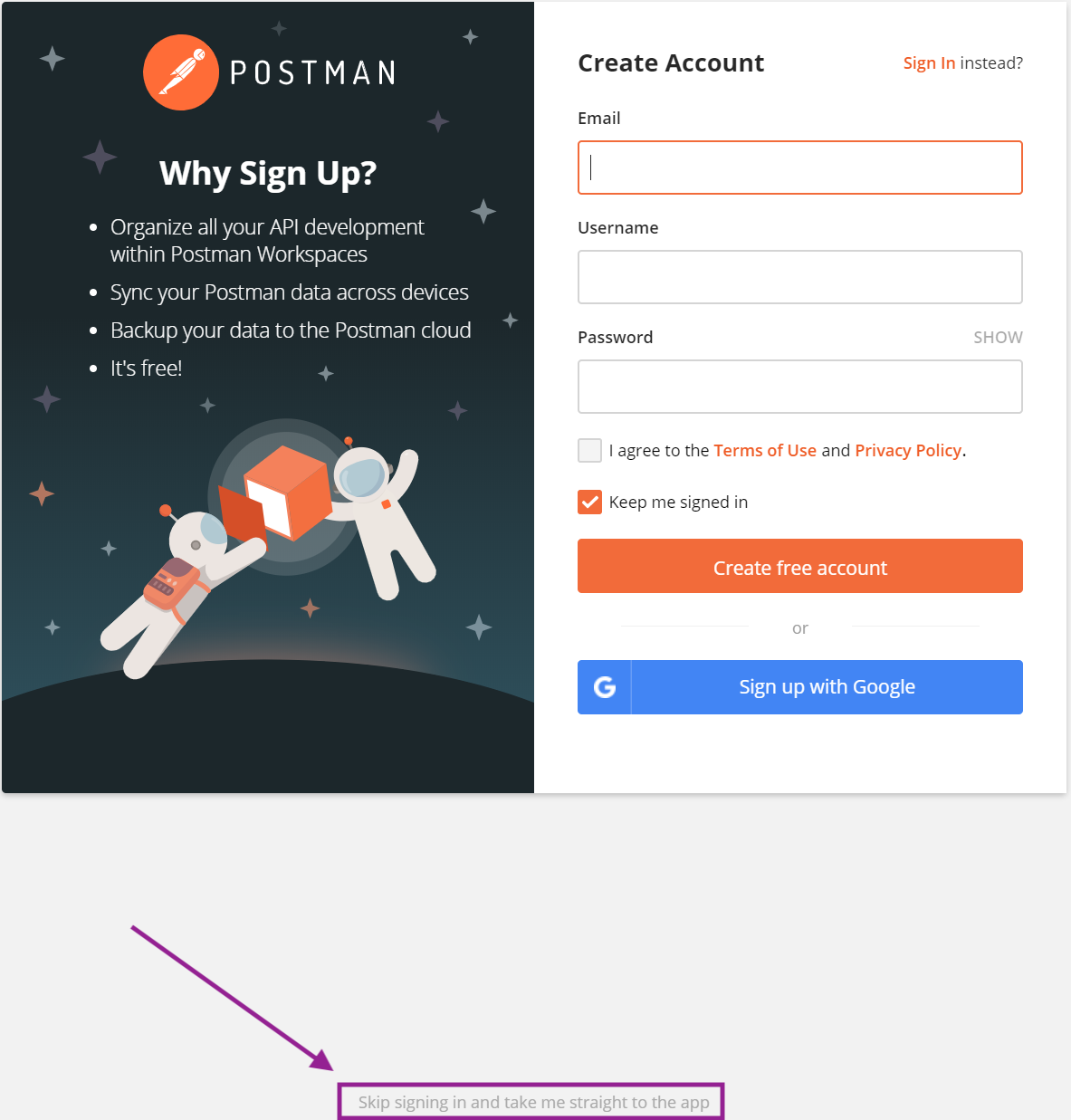 postman create account page
