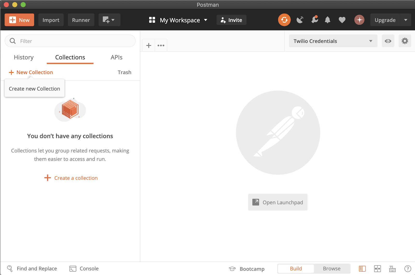 postman dashboard select create new collection page