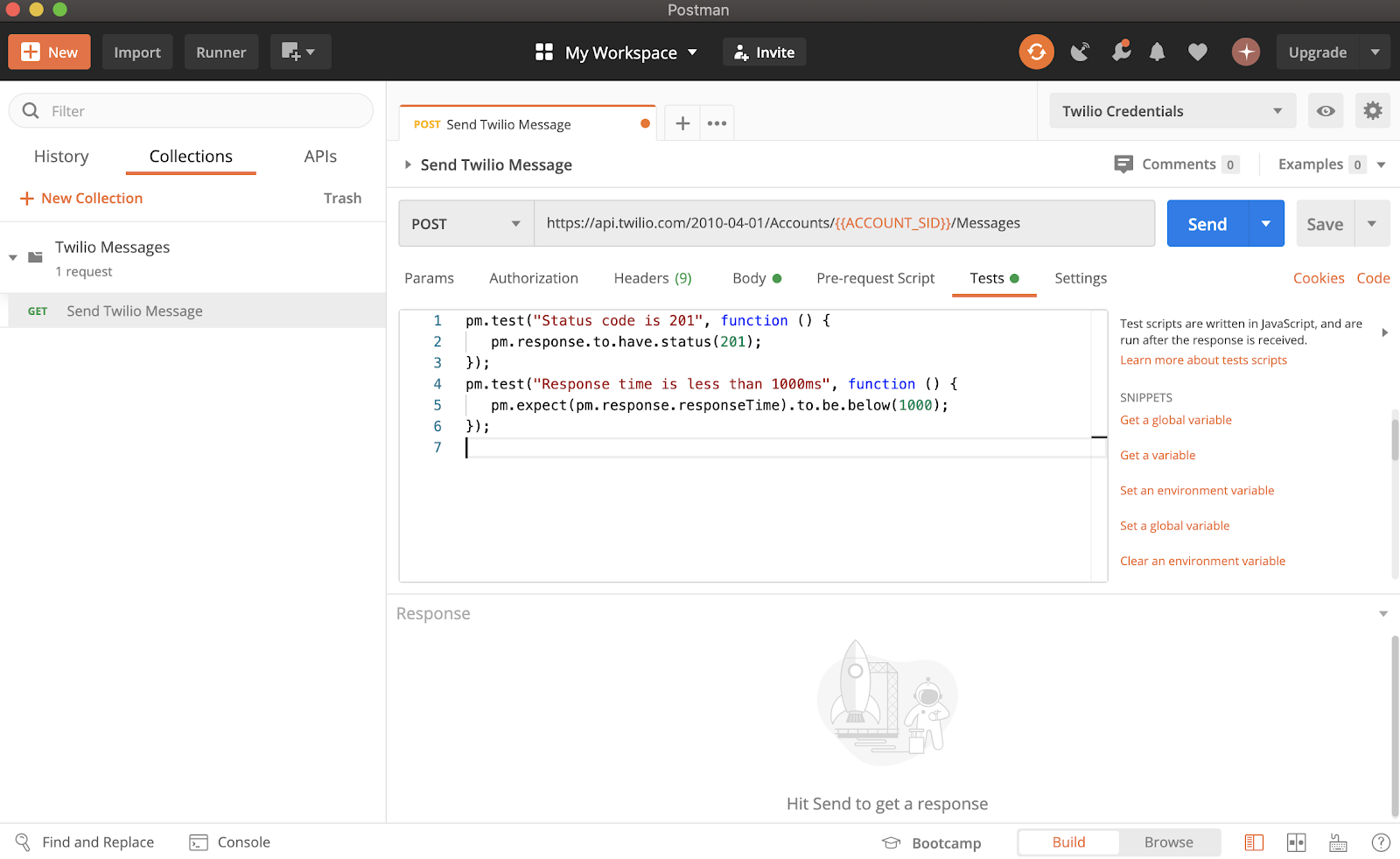 postman dashboard showing code snippets of the tests tab