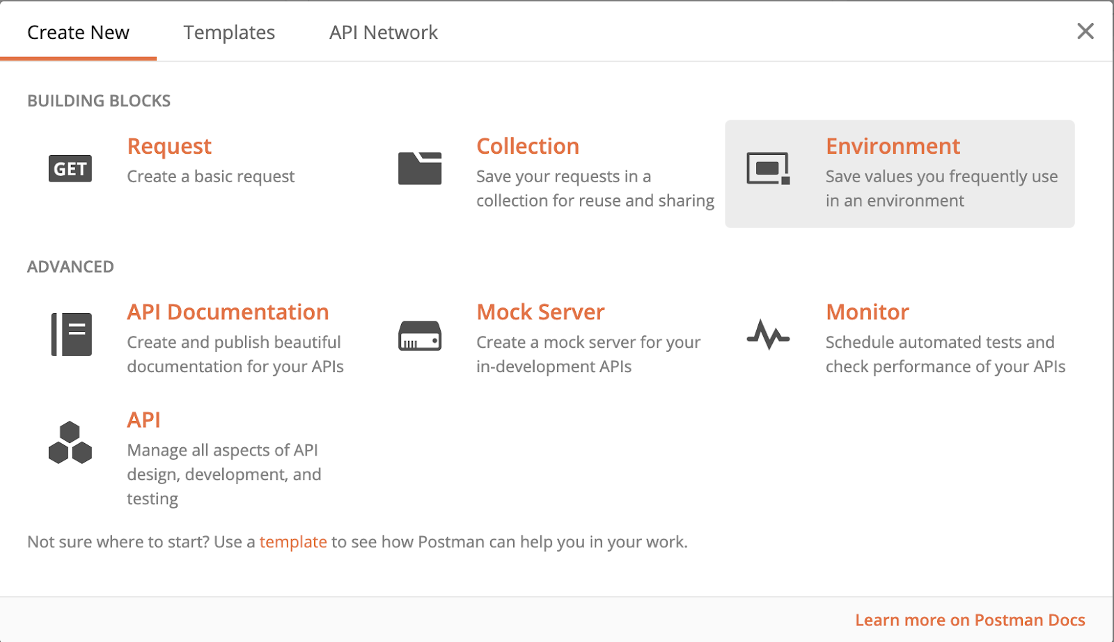 postman dashboard create new page hovering on environment option