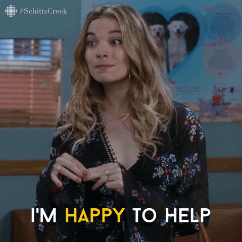 woman saying i'm happy to help