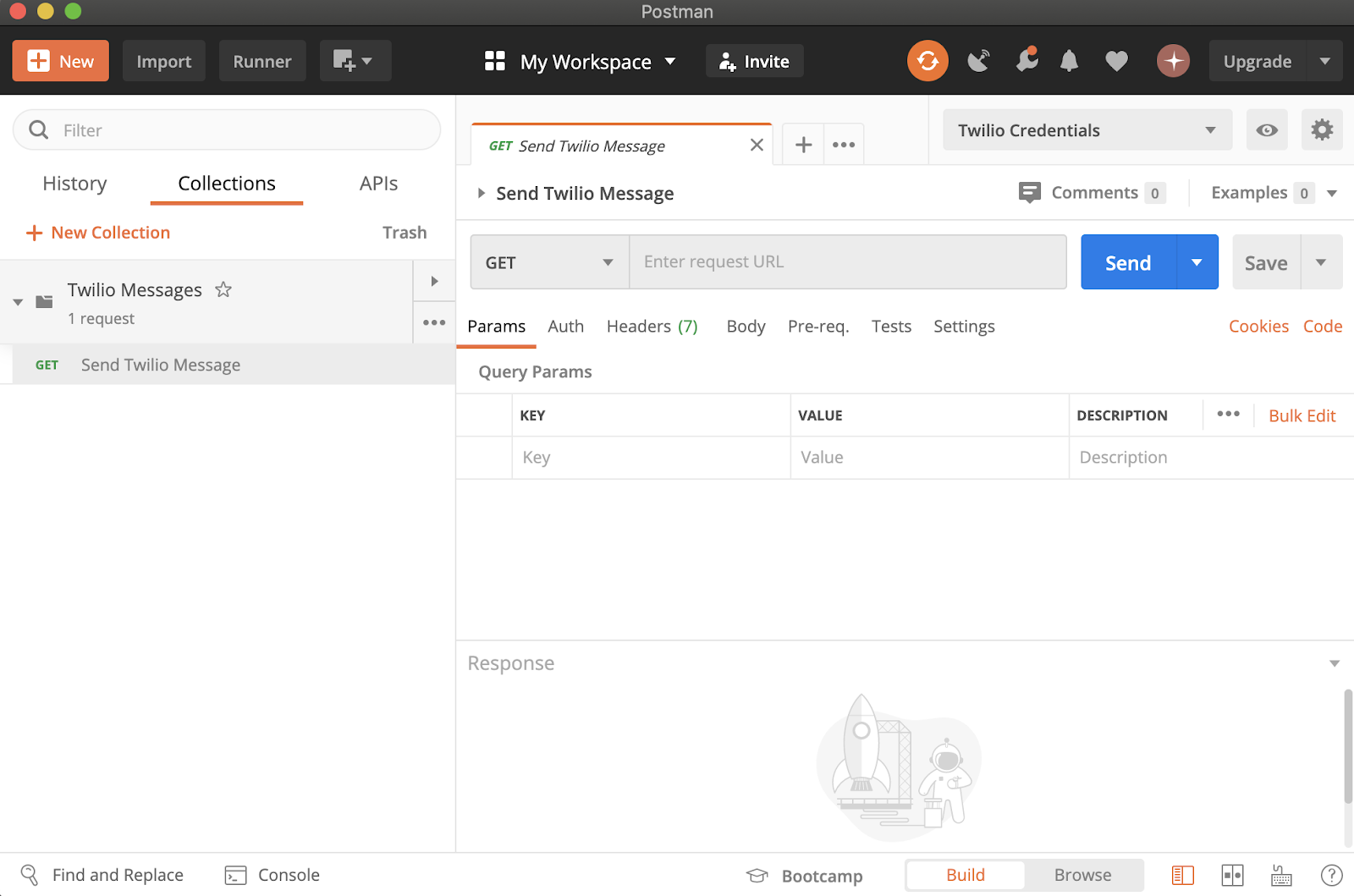 postman dashboard showing the "send twilio message" collection