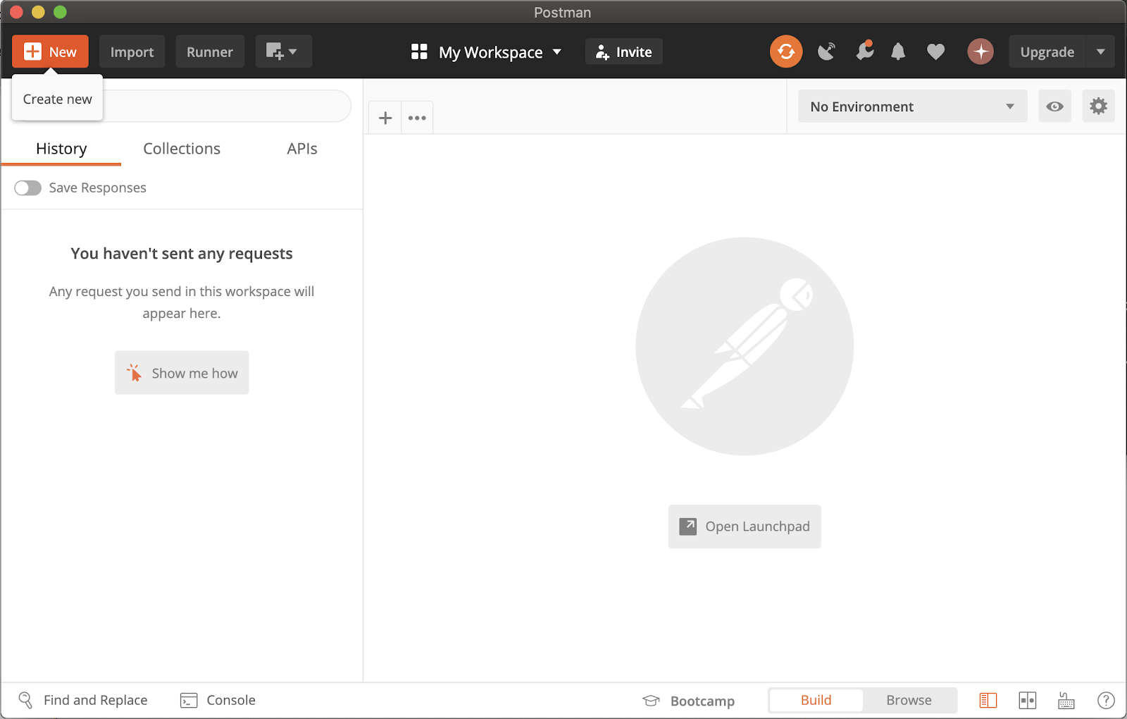 postman dashboard pointing to create new
