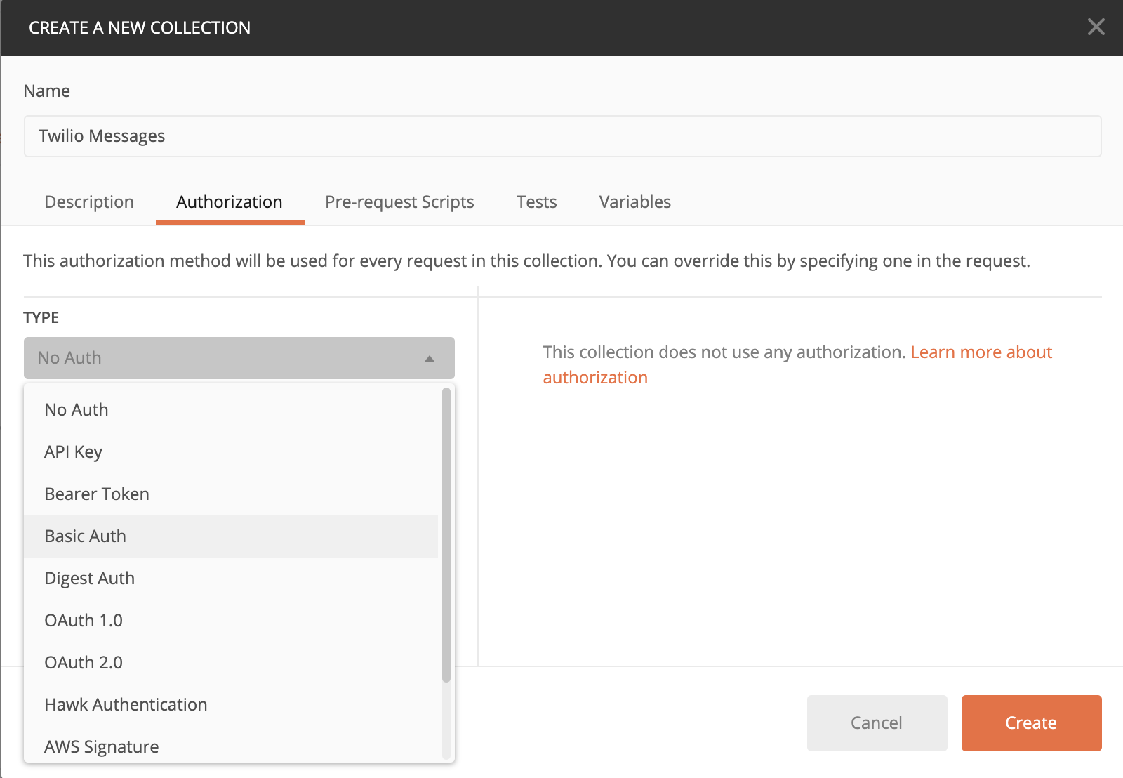 postman create collection and select type basic auth