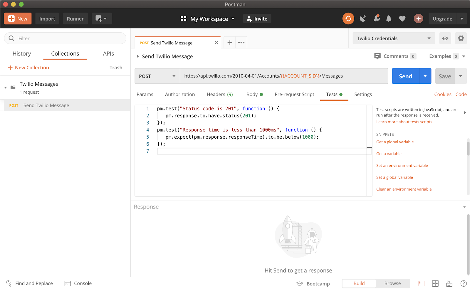 postman dashboard of the tests tab