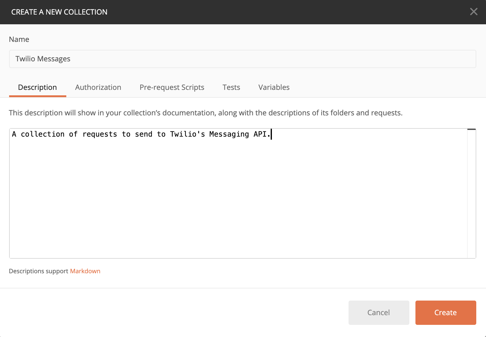 postman create a new collection with a description