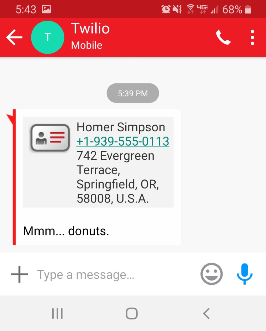 example text of vcard information listing name, phone number, address, and body message
