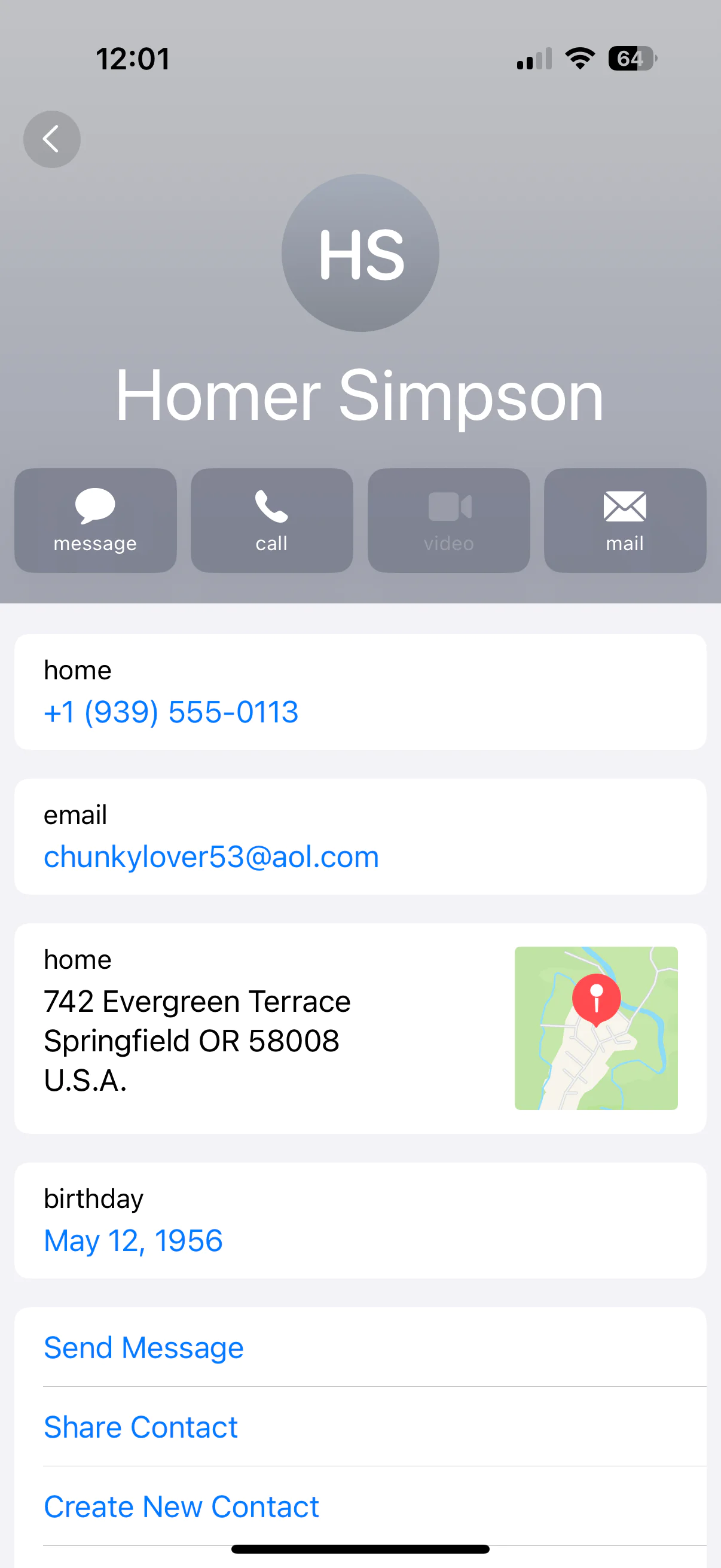 Contact Information for Homer Simpson Contact card displaying Homer Simpson's phone, email, address, and birthday details.