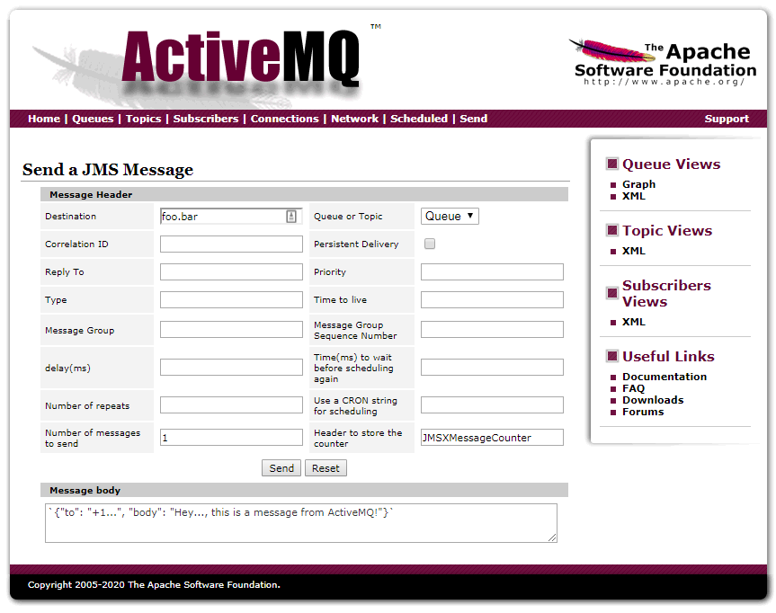 ActiveMS Send page screenshot with JSON payload