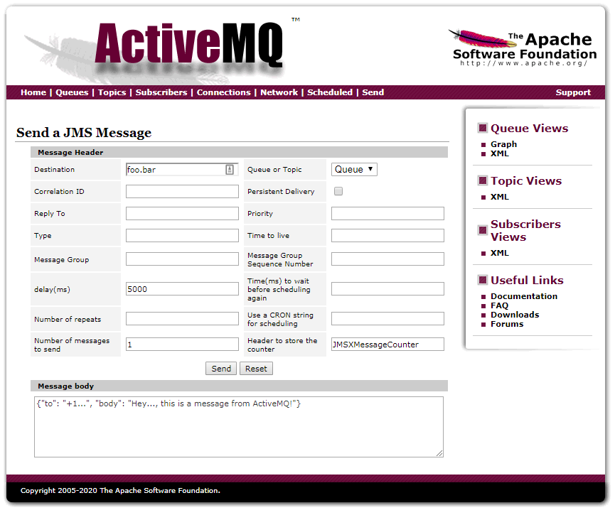 ActiveMQ user interface screenshot showing a value of 5000 in the delay(ms) field.