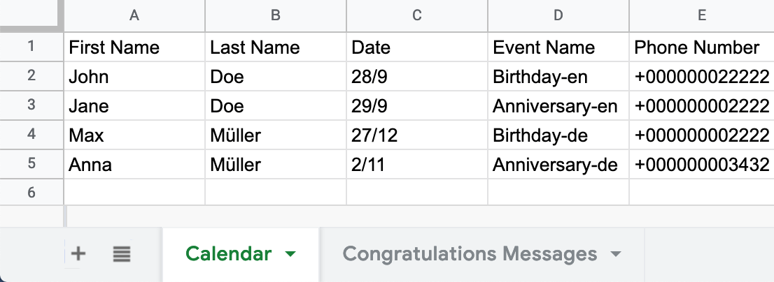 Screenshot of an example of the Google Sheet Calendar tab for this project