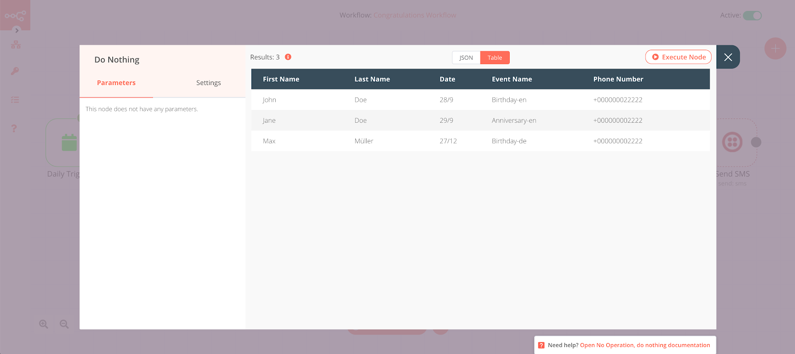 Screenshot of the NoOp node showing data from the previous node