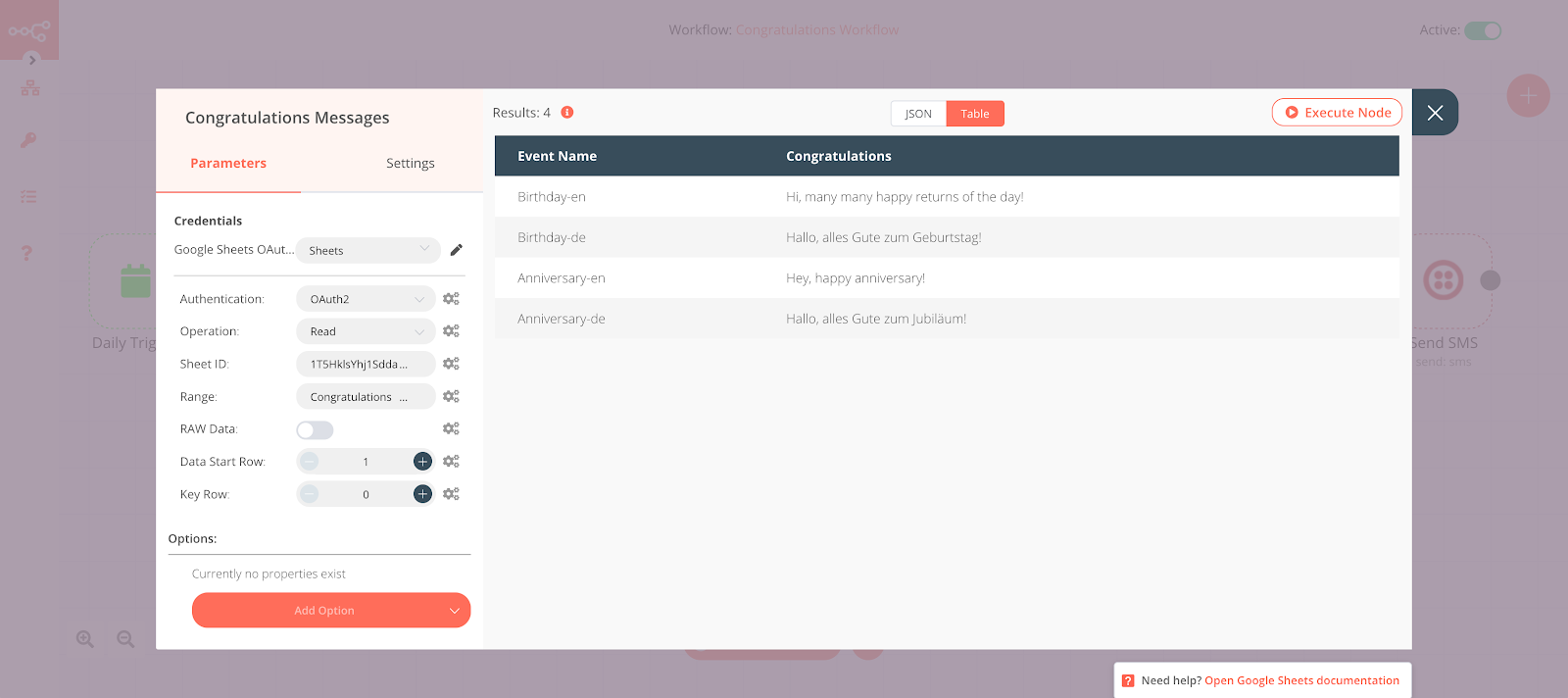 Screenshot of the Google Sheets node for the Congratulations Messages tab