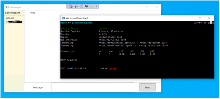 Screenshot of running application with ngrok console window