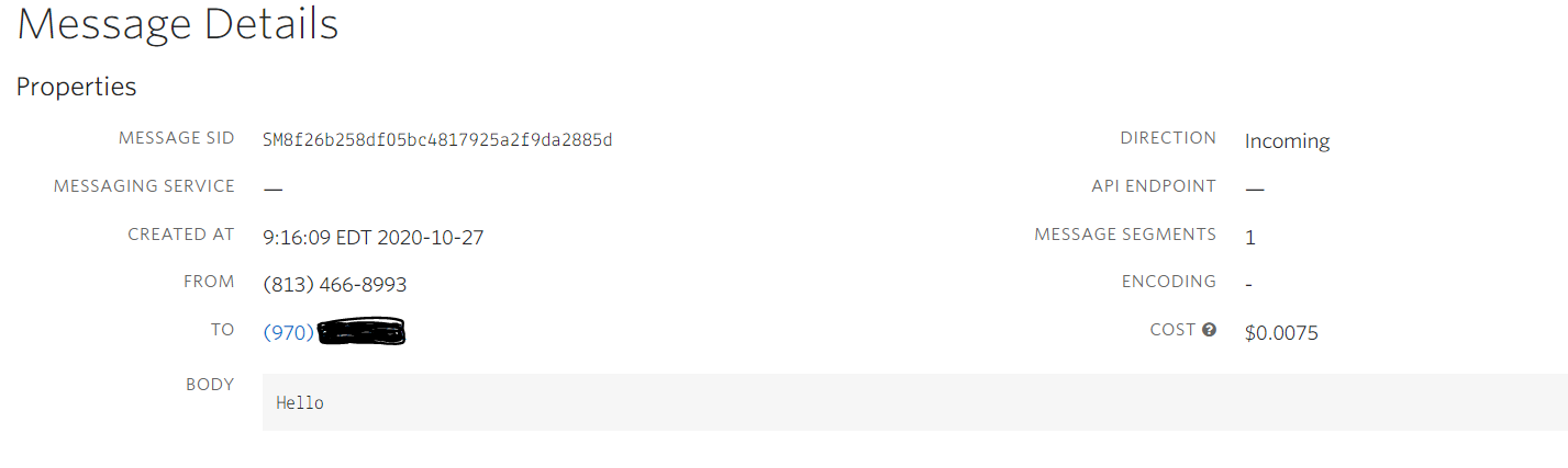 Screenshot of Twilio console showing Messaging log details