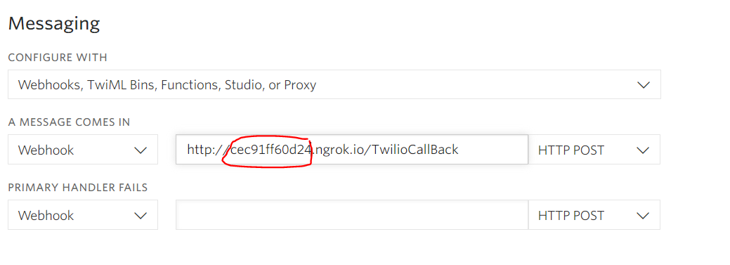 Screenshot of Twilio console showing phone number webhook configuration