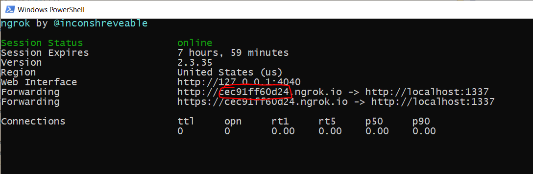 Screenshot of PowerShell window showing command-line output from the ngrok utility