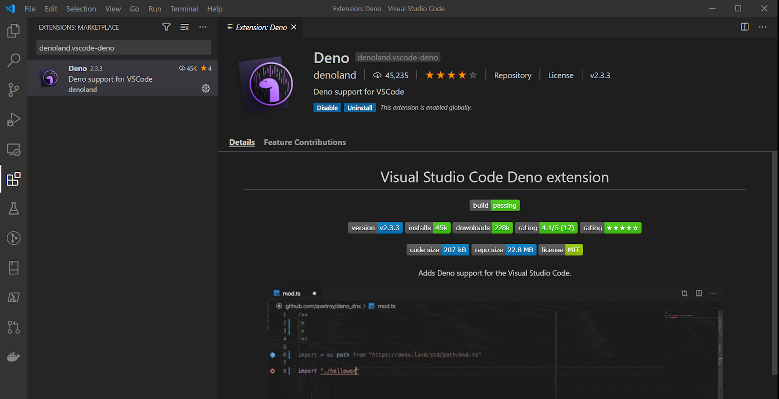 Screenshot of Deno extension in Visual Studio Code
