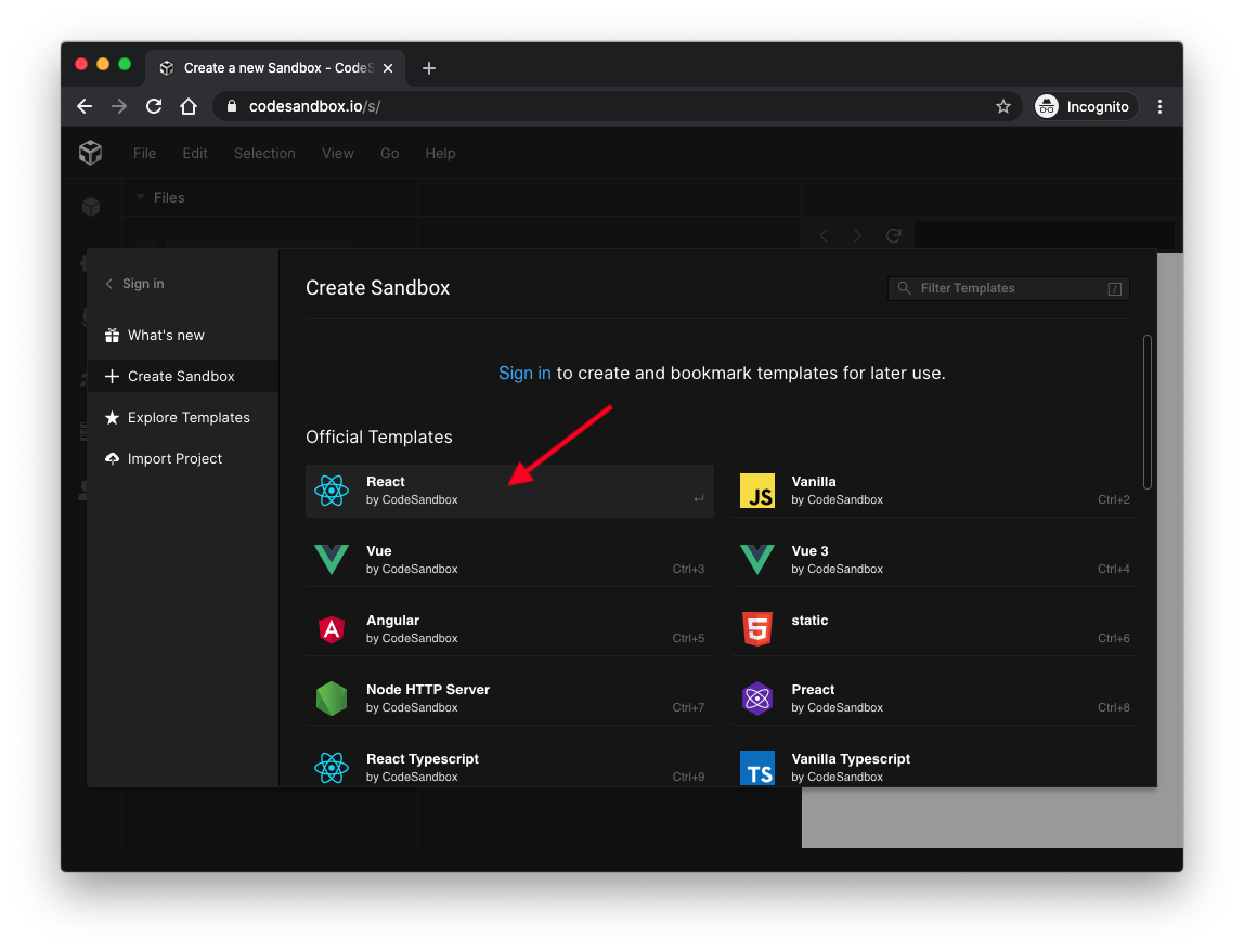 select codesandbox template