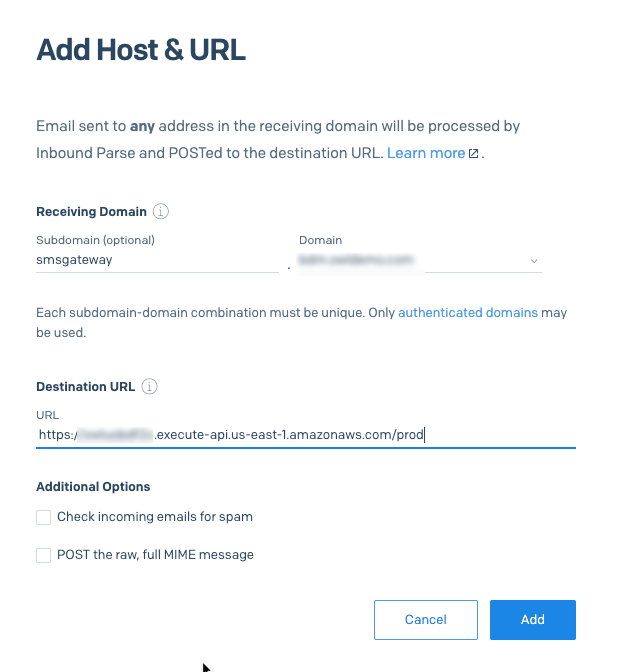 Add a host & url in the SendGrid console for inbound parse