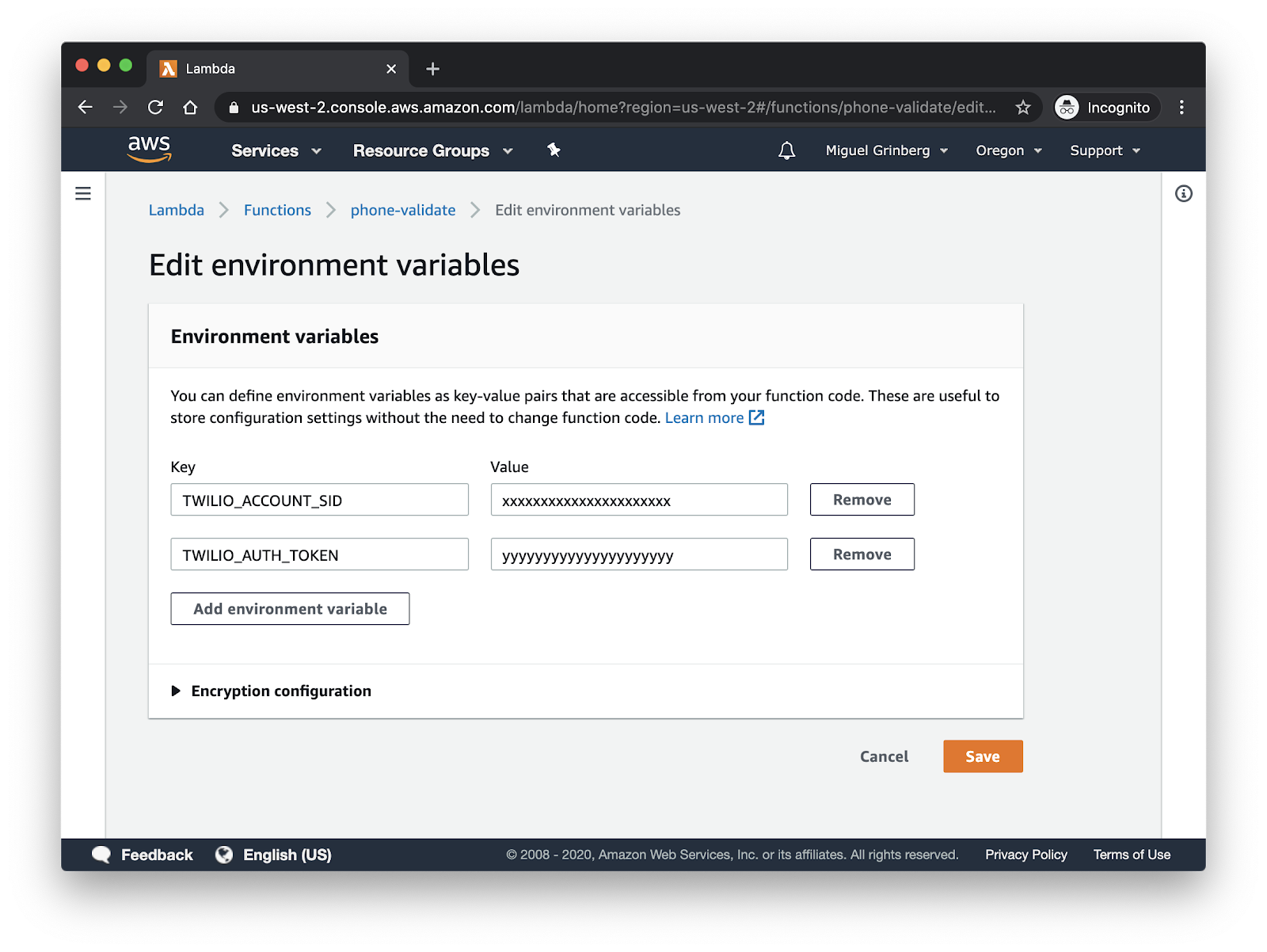 edit lambda environment variables