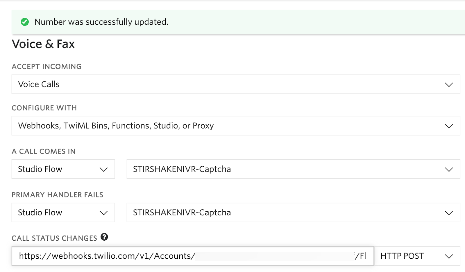 Update a Twilio number to call a Studio Flow