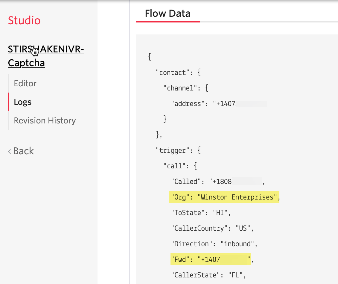 SHAKEN/STIR Flow log showing a forwarding number and organization