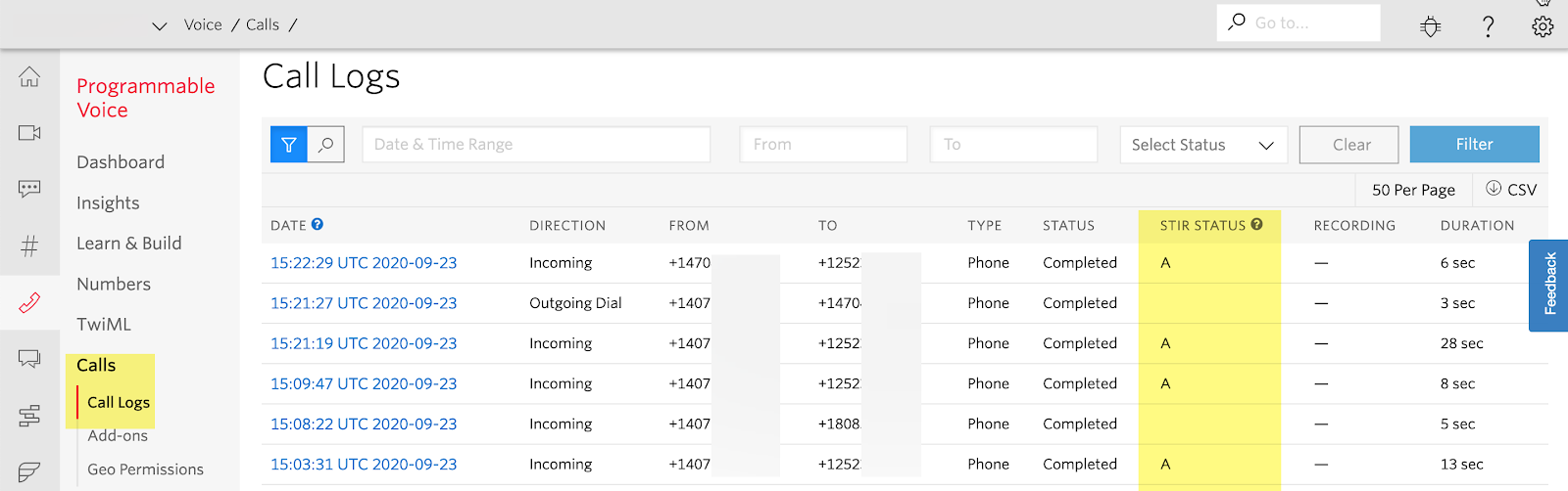 STIR status of incoming calls to a Studio IVR