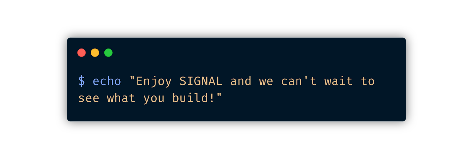 terminal screenshot reading "echo Enjoy SIGNAL and we can&#x27;t wait to see what you build!"