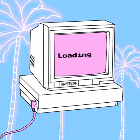 animated gif of a white old school computer with a pink screen. Text on the screen reads "loading..." and the background is light blue with pink palm trees.