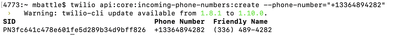 Newly purchased Twilio phone number in the CLI