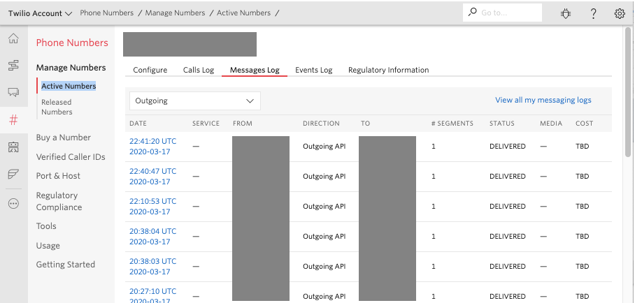 Twilio Messages Log