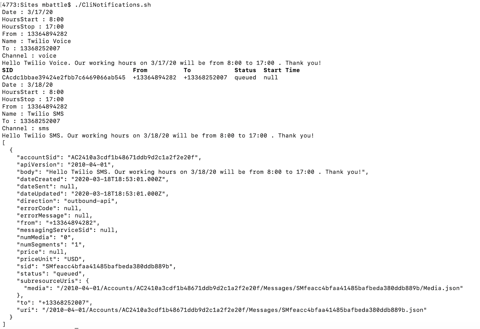 Twilio CLI bash script output