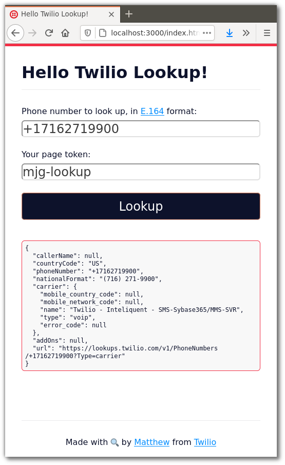 Screenshot of the Lookup App, showing results from a US Twilio number