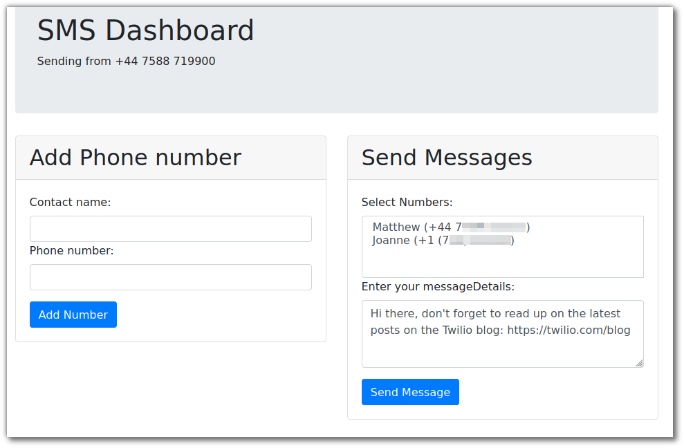 Screenshot of the dashboard, sending a message about the Twilio blog to a couple of phone numbers in different countries