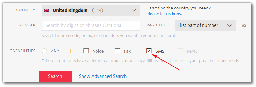 Screenshot: selecting a phone number, with the SMS capability highlighted