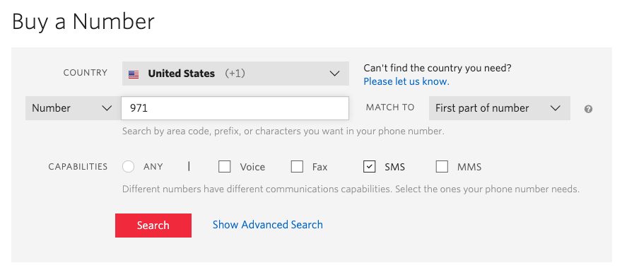 Twilio buy a number screenshot
