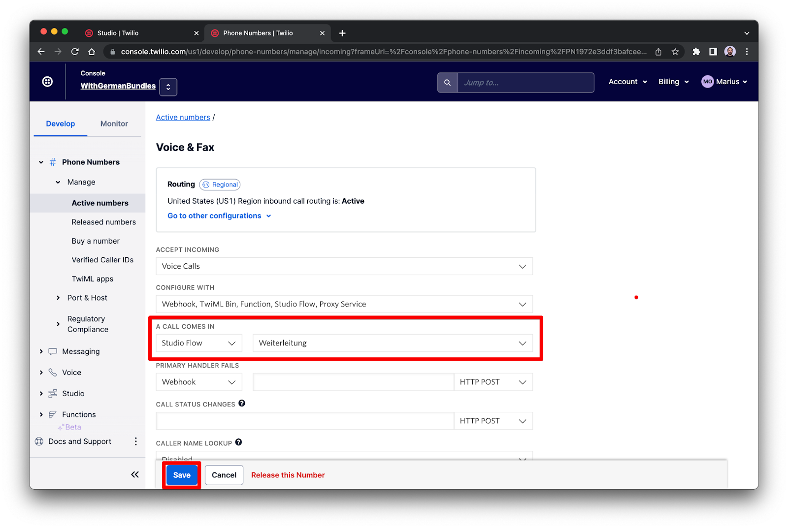 Screenshot of Twilio phone number configuration. Under "Voice & Fax", the "Configure With" dropdown has "Webhooks, TwiML Bins, Functions, Studio, or Proxy." Under "A Call Comes In," "Studio Flow" and "message forwarding" are selected.