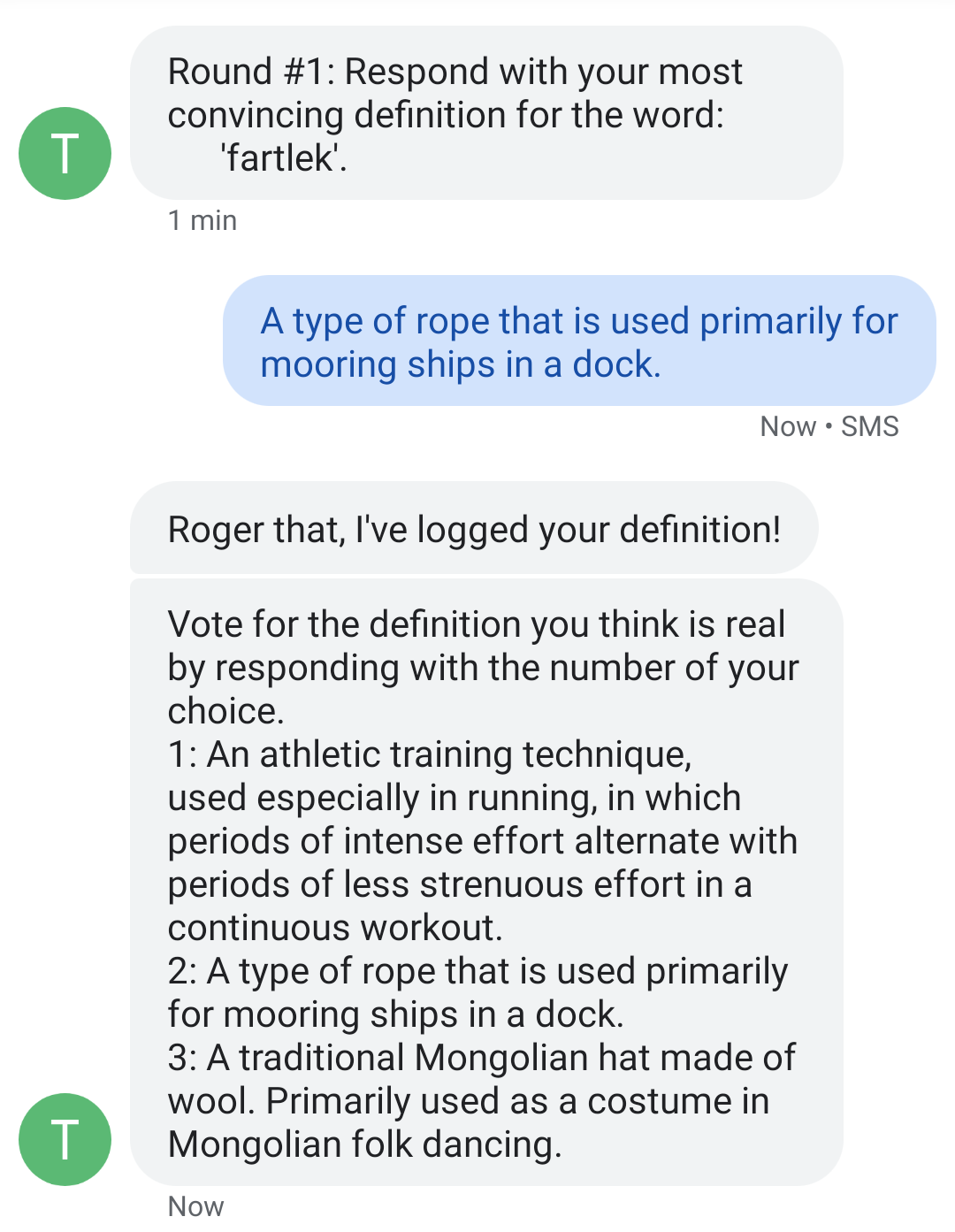 Example text exchange with BalderText game bot for the defining and voting sections of the round.