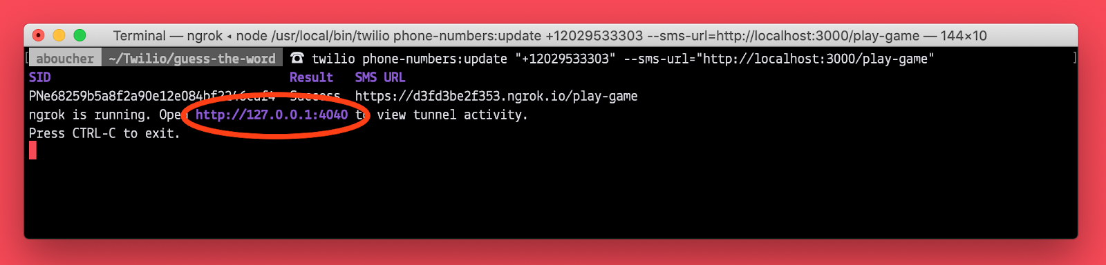 Screenshot of twilio CLI command line response with URL highlighted