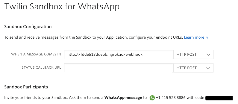 Twilio Sandbox for WhatsApp console page with the unique ngrok URL "https://ad7e4814affe.ngrok.io/webhook" inside text field