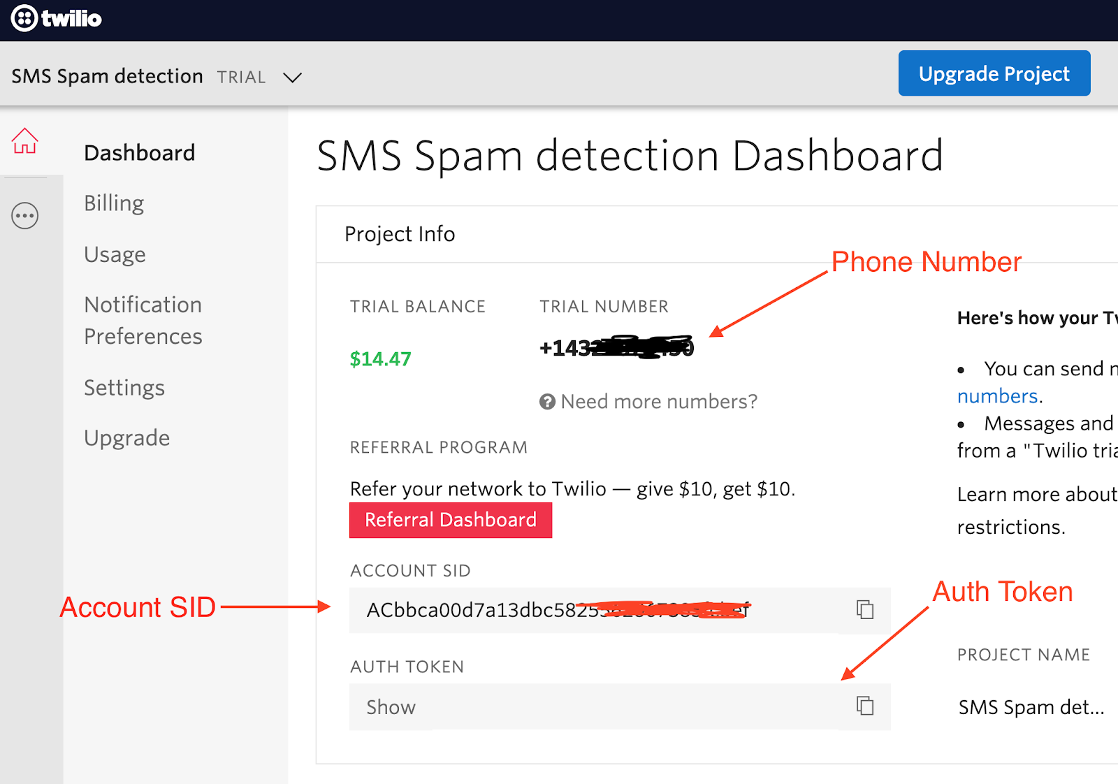 Twilio Dashboard showing Account SID and Auth Token