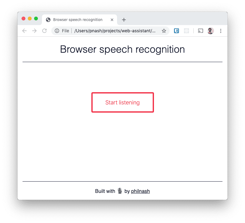 A browser window with a heading saying "Browser speech recognition" and a button ready to "start listening".