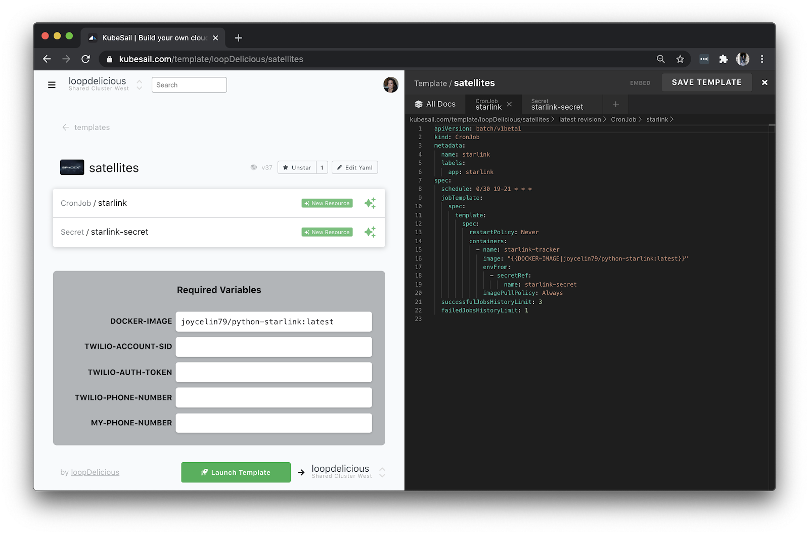 Input required variables and inspect the underlying YAML for resources