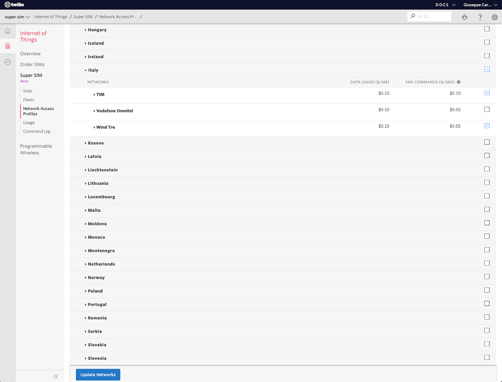 Creating a Network Access Profile for Italy