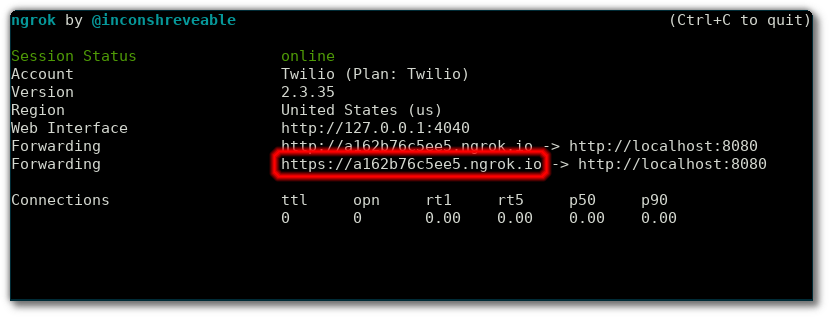 Screenshot of ngrok output highlighting the https forwarding url
